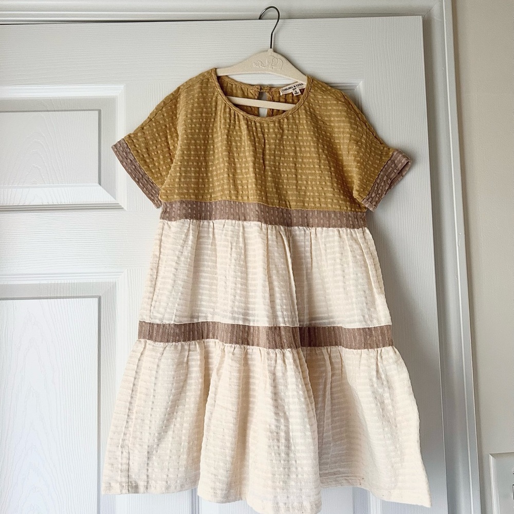 Chelsea & Violet Mustard and Cream Tiered Short-Sleeve Dress